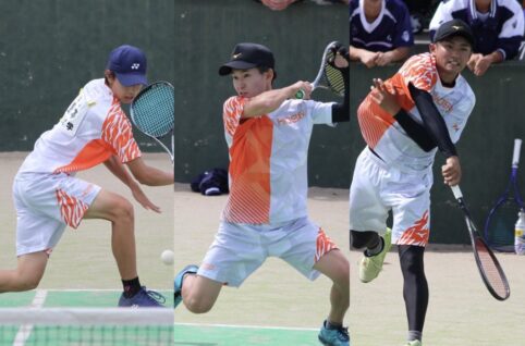 ソフトテニスをする男子性三人の写真