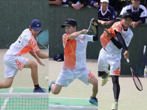 ソフトテニスをする男子性三人の写真