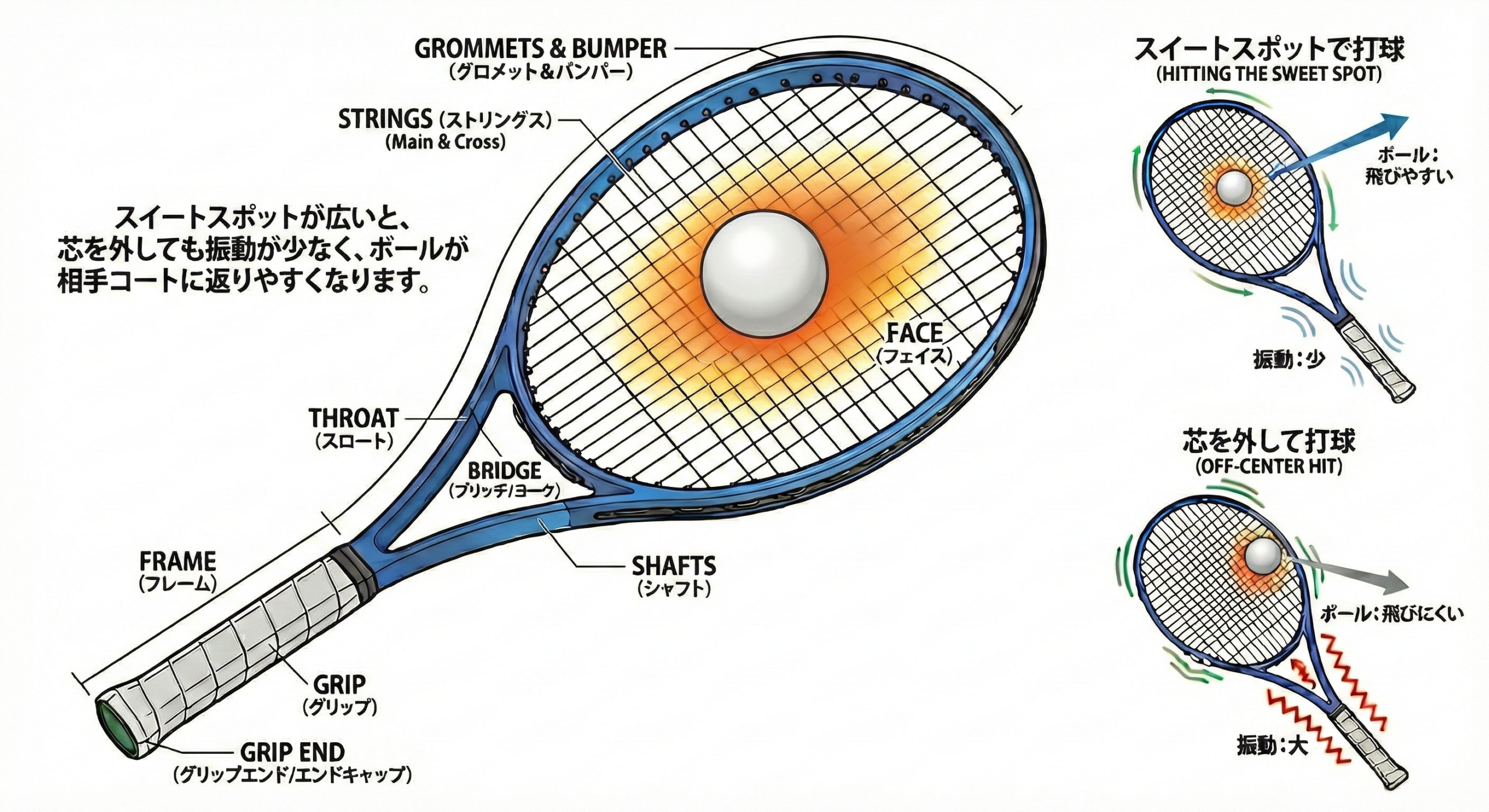 スイートスポットと振動吸収の仕組み図解