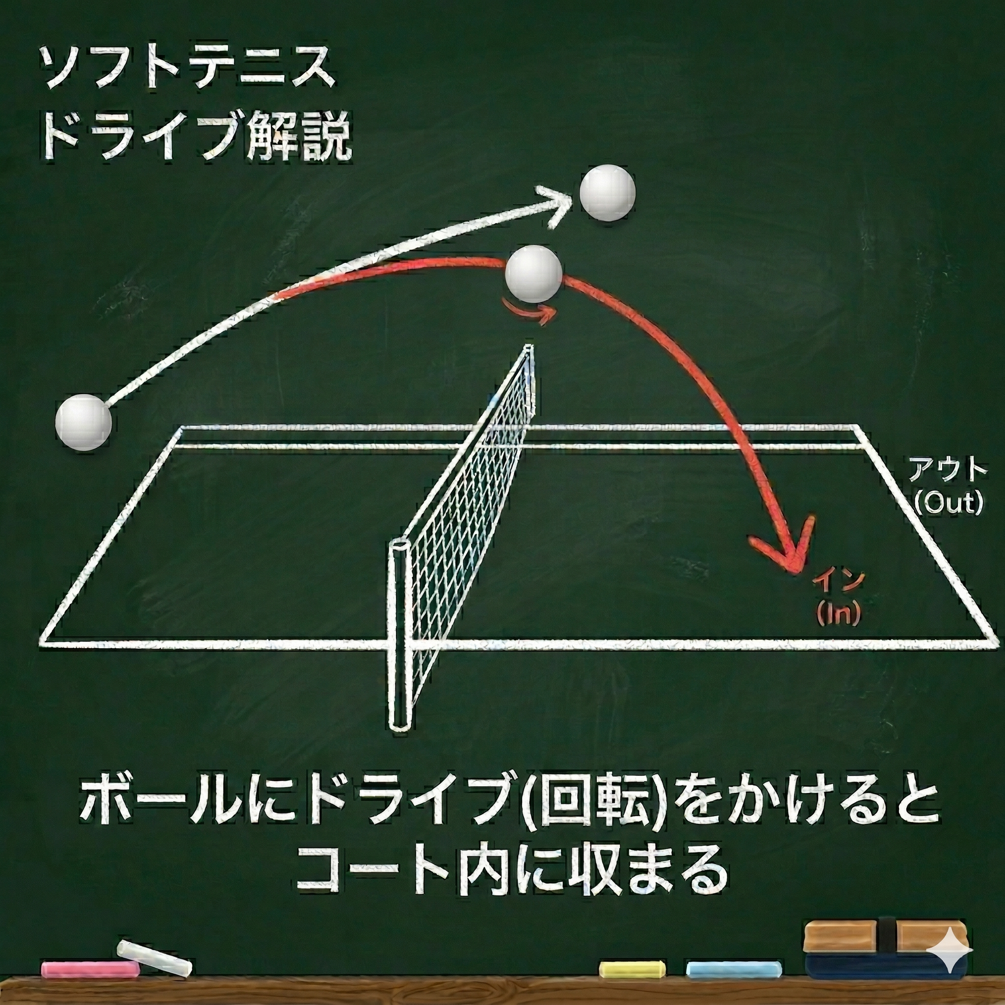 ソフトテニスのドライブ回転イメージ
